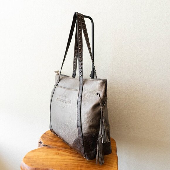 American West Bandana Tote Bronze Tooled Leather Tassels Studded Western - Picture 2 of 11